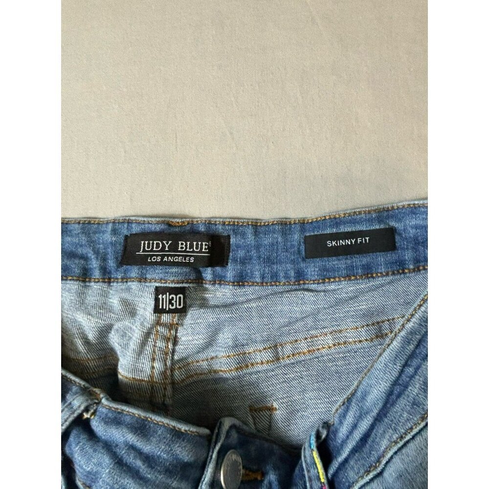 Judy Blue Mid Rise Skinny Jeans Womens 11/30 Blue Stretch Embroidered Distressed - Picture 7 of 10